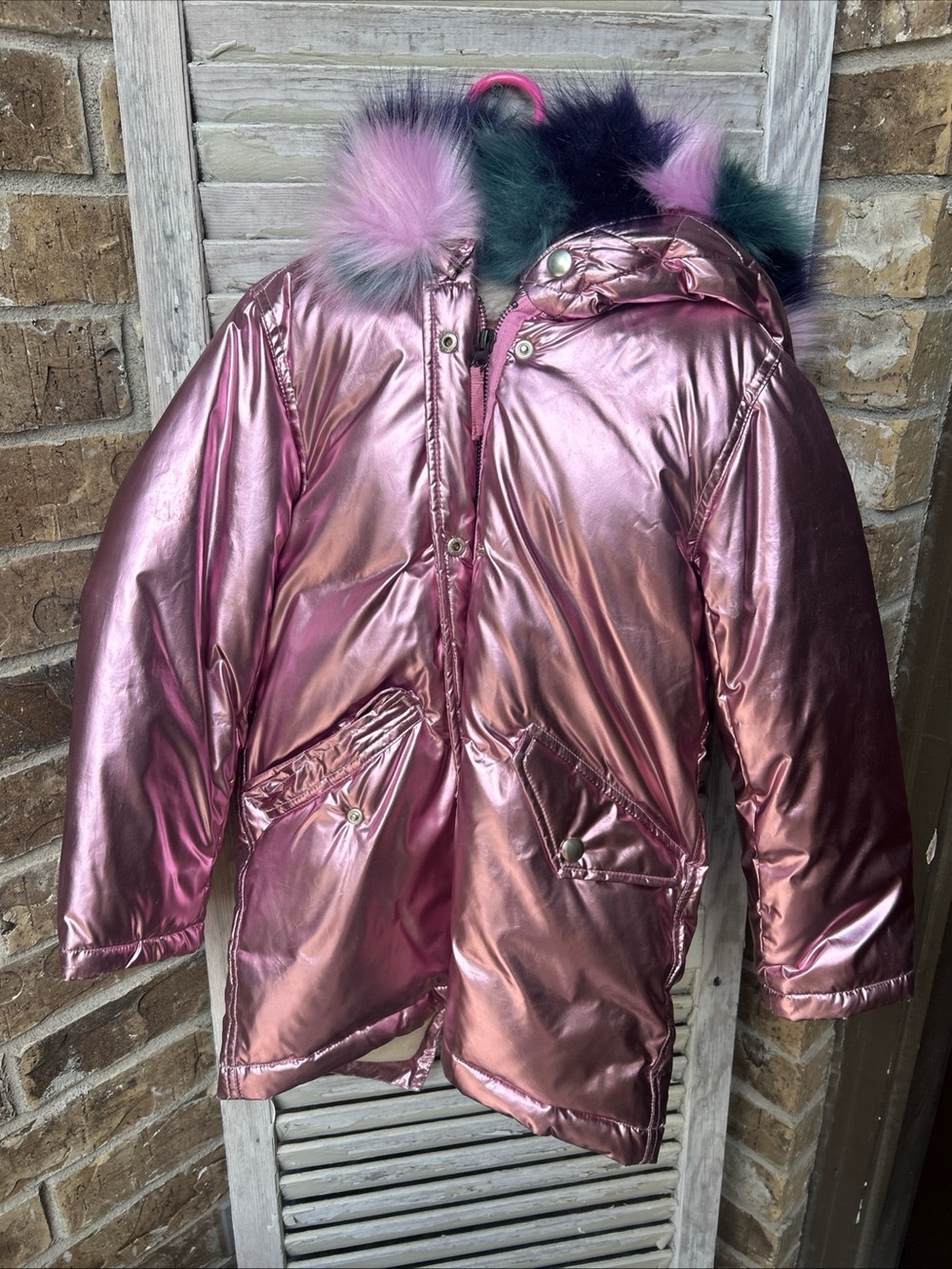 Jcrew Girls Pink metallic fishtail parka  ecofriendly PrimaLoft Sz 6-7 Faux Fur